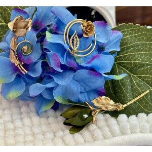 Vintage Rose Themed Gold Tone Brooches-Set Of 3